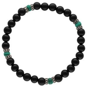 Elegancka srebrna bransoletka męska z malachitu i onyksu z przekładkami ze srebra. Gustowna i stylowa, pasująca do każdej stylizacji