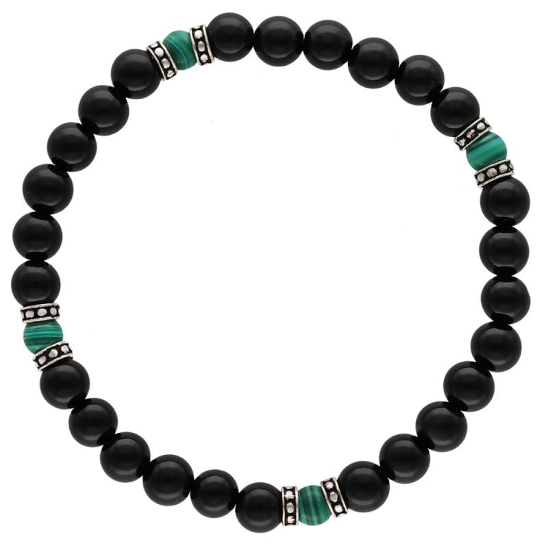 srebrna branoletka męska z malachitem onyksem RICHIE Elegancka srebrna bransoletka męska z malachitu i onyksu z przekładkami ze srebra. Gustowna i stylowa, pasująca do każdej stylizacji