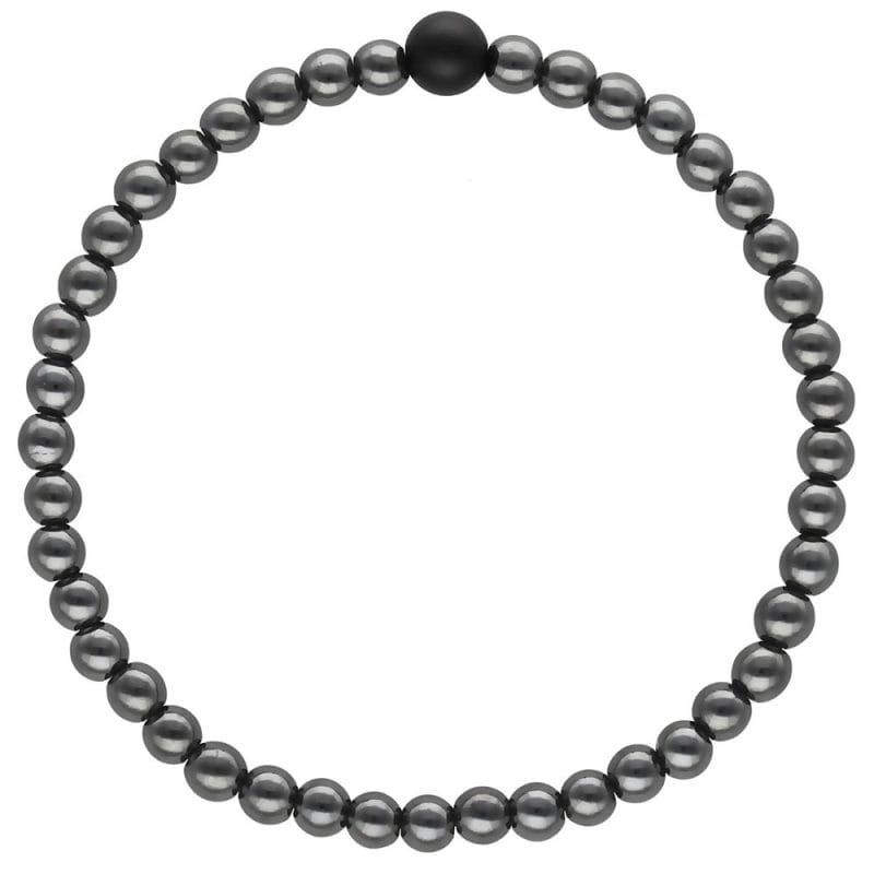 elastyczna srebrna bransoletka męska z srebrnego hematytu i kulki czarnego onyksu