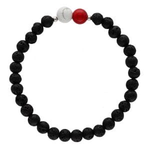 Bransoletka patriotyczna męska z lawy wulkanicznej, kuleczek srebra oraz jadeitu i howlitu. Jadeit i howlit symbolizują biało czerwone barwy Polski.