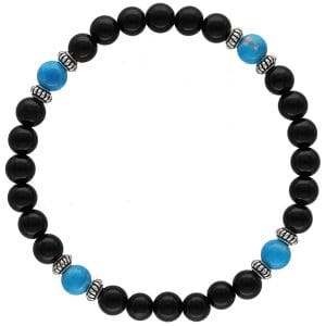 Elegancka srebrna męska elastyczna bransoletka z srebrnymi przekładkami, turkmenitu i czarnego onyksu