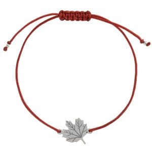 Srebrna bransoletka na jesień z liściem klonu na sznurku