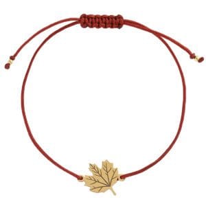 Bransoletka na jesień z liściem klonu srebrna pozłacana na bordowym sznurku