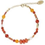 Bransoletka damska srebrna pozłacana z jadeitem, agatem, cyrkoniami i perłą z przedłużką zakończoną zawieszką z logo Rosett