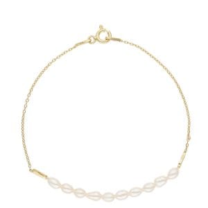 Elegancka delikatna bransoletka damska srebrna pozłacana na łańcuszku z perłami naturalnymi