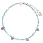 Elegancka damska bransoletka srebrna z przedłużką. Bransoletka z fioletowego ametystu i kuleczek zielonego amazonitu