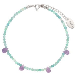 Elegancka damska bransoletka srebrna z przedłużką. Bransoletka z fioletowego ametystu i kuleczek zielonego amazonitu