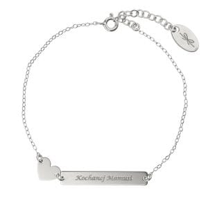 Damska bransoletka na łańcuszku srebrna z sercem i grawerem na blaszce