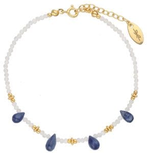 Damska bransoletka z kamieniami naturalnymi kianit kamień księżycowy wykonana ze srebra 925 pozłacanego. Bransoletka regulowana za pomocą przedłużki na łańcuszku