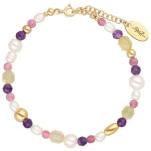 Damska bransoletka kolorowa z kamieni naturalnych i pereł. Kamienie cytryn, ametyst, różowy turmalin. Bransoletka srebrna pozłacana próby 925