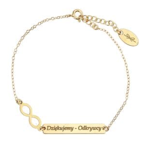 Damska bransoletka na łańcuszku pozłacana z nieskończonością i grawerem na blaszce