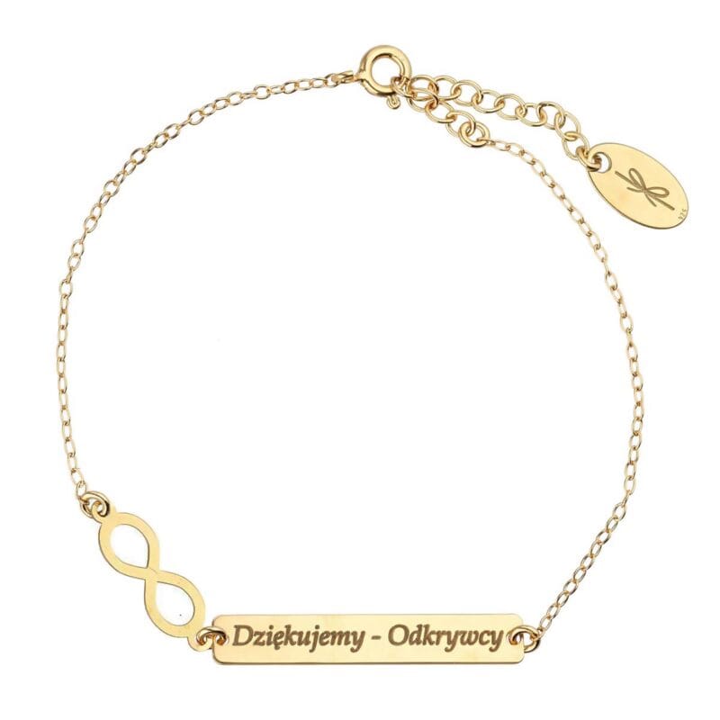 Damska bransoletka na łańcuszku pozłacana z nieskończonością i grawerem na blaszce