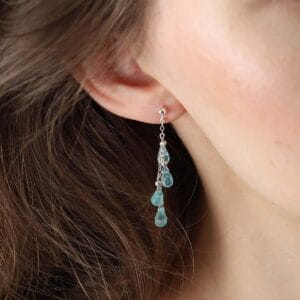Kolczyki damskie srebrne wiszące z kamieniami apatytu. Kolczyki srebrne na sztyfcie założone na ucho