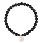 Elastyczna męska bransoletka z kulek czarnego agatu oraz srebra próby 925 z celebrytką z motywem znaku kryptowaluty bitcoin
