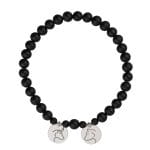 Elastyczna męska bransoletka z kulek czarnego agatu oraz srebra próby 925 z celebrytkami z grawerem głowy niedźwiedzia i byka