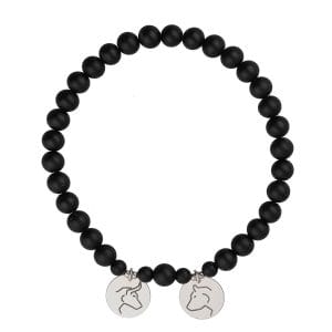Elastyczna męska bransoletka z kulek czarnego agatu oraz srebra próby 925 z celebrytkami z grawerem głowy niedźwiedzia i byka