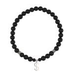 Elastyczna męska bransoletka z kulek czarnego agatu oraz srebra próby 925 z celebrytką w kształcie znaku dolara