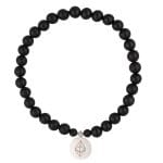 Elastyczna męska bransoletka z kulek czarnego agatu oraz srebra próby 925 z celebrytką z grawerem kryptowaluty Etherum