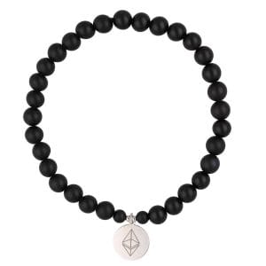Elastyczna męska bransoletka z kulek czarnego agatu oraz srebra próby 925 z celebrytką z grawerem kryptowaluty Etherum