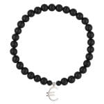 Elastyczna męska bransoletka z kulek czarnego agatu oraz srebra próby 925 z celebrytką w kształcie znaku waluty euro