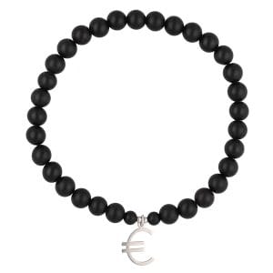 Elastyczna męska bransoletka z kulek czarnego agatu oraz srebra próby 925 z celebrytką w kształcie znaku waluty euro