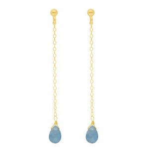 Minimalistyczne damskie kolczyki długie srebrne pozłacane na sztyfcie z wiszącym niebieskim kamieniem akwamaryn w formie briolety