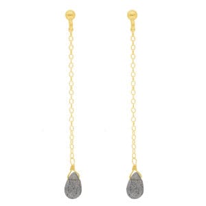 Minimalistyczne damskie kolczyki długie srebrne pozłacane na sztyfcie z wiszącym kamieniem labradoryt w formie briolety