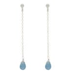 Minimalistyczne damskie kolczyki długie srebrne rodowane na sztyfcie z wiszącym niebieskim kamieniem akwamaryn w formie briolety