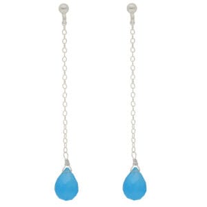 Minimalistyczne damskie kolczyki długie srebrne rodowane na sztyfcie z wiszącym niebieskim kamieniem chalcedon w formie briolety
