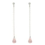 Minimalistyczne damskie kolczyki długie srebrne rodowane na sztyfcie z wiszącym różowym kamieniem kwarcu różowego w formie briolety