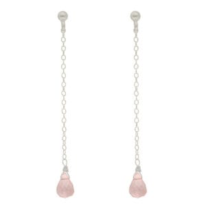 Minimalistyczne damskie kolczyki długie srebrne rodowane na sztyfcie z wiszącym różowym kamieniem kwarcu różowego w formie briolety