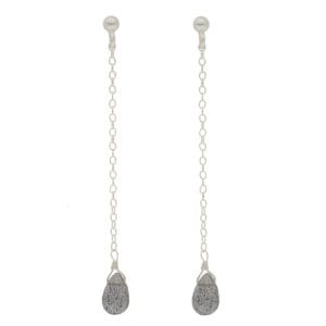 Minimalistyczne damskie kolczyki długie srebrne rodowane na sztyfcie z wiszącym kamieniem labradoryt w formie briolety