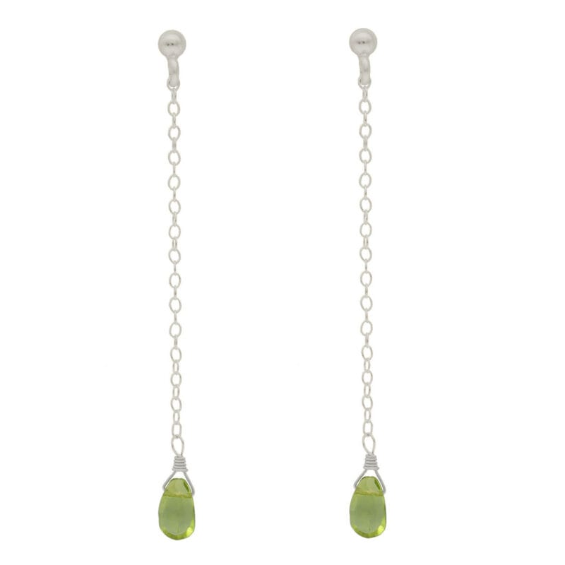 Srebrne kolczyki wiszące z z zielonym kamieniem perydot. Kolczyki na sztyfcie z długim łańcuszkiem ankier