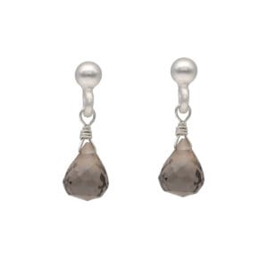 Minimalistyczne damskie kolczyki srebrne rodowane na sztyfcie z wiszącym kwarcem dymnym w formie briolety