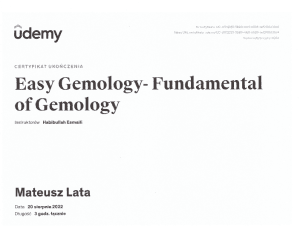 Dyplom ukończenia kursu gemmologicznego zagranicznego przez pracownika sklepu z biżuterią