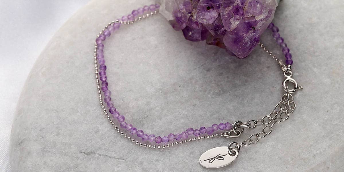 Biżuteria srebrna rodowana- bransoletka podwójna z ametystem przy szczotce ametystu