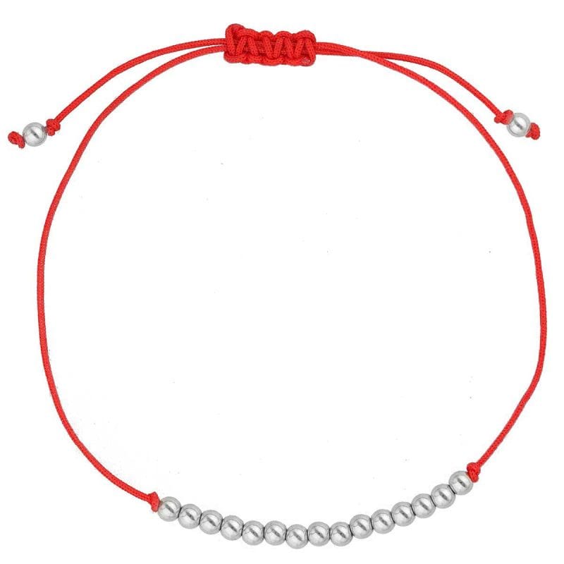Damska bransoletka na czerwonym sznurku z srebrnymi kuleczkami