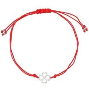 Damska bransoletka na czerwonym sznurku z srebrną koniczynką i kuleczkami