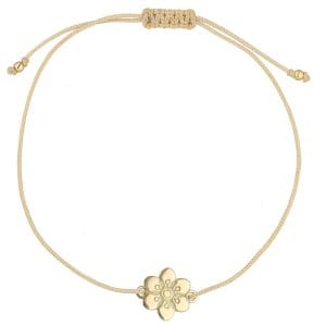 Damska bransoletka na sznurku z elementami srebrnymi pozłacanymi. Celebrytka w kształcie kwiatka