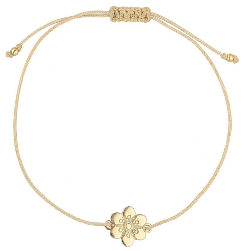 Damska bransoletka na sznurku z elementami srebrnymi pozłacanymi. Celebrytka w kształcie kwiatka