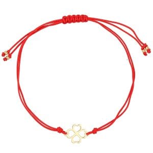 Damska bransoletka na czerwonym sznurku srebrna pozłacana z celebrytką w kształcie koniczyny