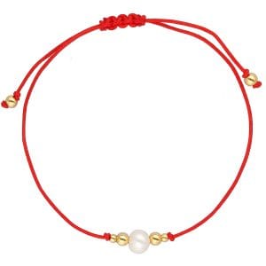 Czerwona bransoletka na sznurku srebrna pozłacana z perłą naturalną