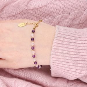 Fioletowo-różowa damska srebrna pozłacana bransoletka z ametystu i kwarcu różowego PINK AND VIOLET