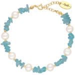 Damska bransoletka srebrna pozłacana z nieregularnym apatytem i perłami. Bransoletka posiada przedłużkę zakończoną blaszką z logiem Rosett