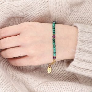 Zielono-fioletowa srebrna pozłacana bransoletka damska z malachitu i ametystu PURPLE IN MALACHITE