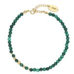 Damska bransoletka srebrna pozłacana z malachitem w formie kuleczek. Bransoletka z przedłużką na łańcuszku, która umożliwia regulację zapięcia