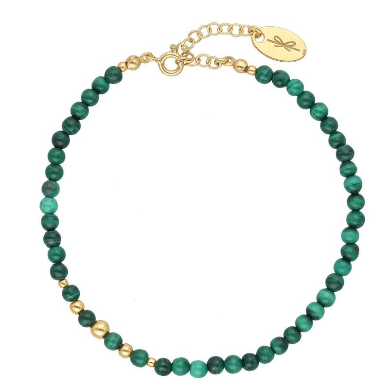 Damska bransoletka srebrna pozłacana z malachitem w formie kuleczek. Bransoletka z przedłużką na łańcuszku, która umożliwia regulację zapięcia