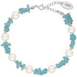 Damska bransoletka srebrna z nieregularnym apatytem i perłami. Bransoletka posiada przedłużkę zakończoną blaszką z logiem Rosett