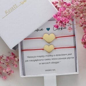 Bransoletka dla mamy i córki srebrna pozłacana z dedykacją serduszka w pudełku