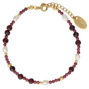 Bransoletka z granatem naturalnym i perłami pozłacana